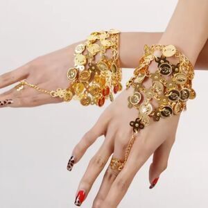 Belly Dancer Gold Tone Coin Cuff Bracelet & Attached Ring